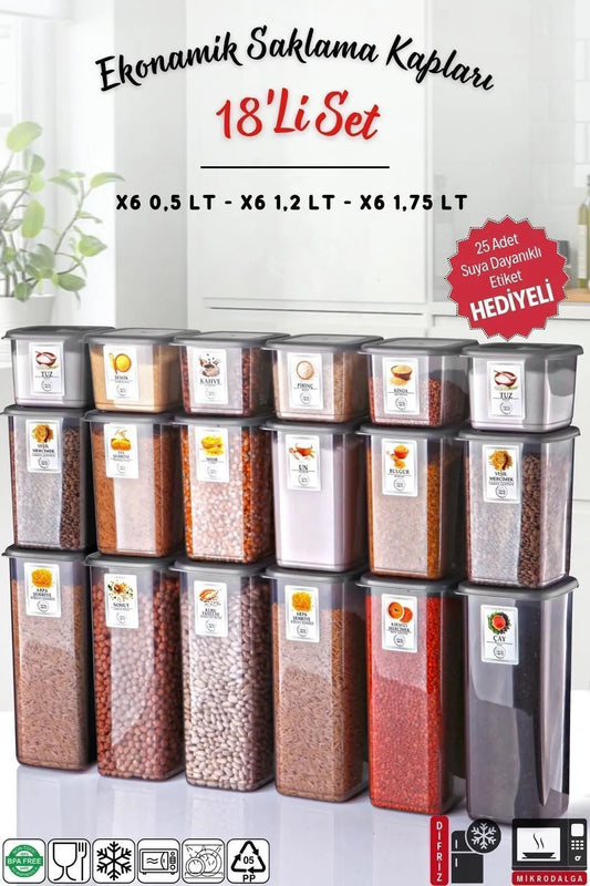 CEPTE AVM Etiketli 18'li Antrasit Ekonomik Kırılmaz Saklama Kabı Seti x6 - 1,75/1,2/0,5 Lt